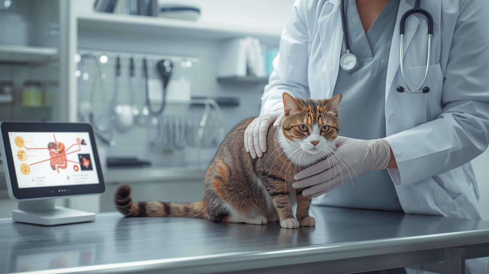 Pisică examinată de veterinar pentru scaun cu sânge