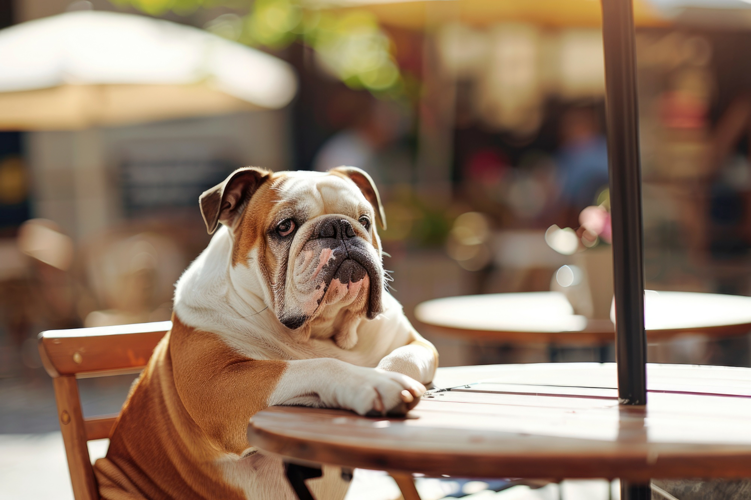 mancare bulldog francez – bulldog francez stând la o masă, așteptând mâncarea