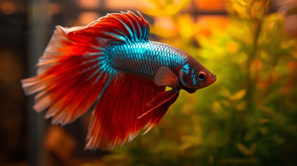 Pește exotic Betta cu înotătoare colorate într-un acvariu