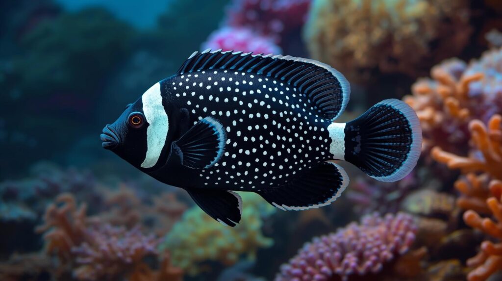 Pești exotici Clown Triggerfish cu pete albe și gura galbenă