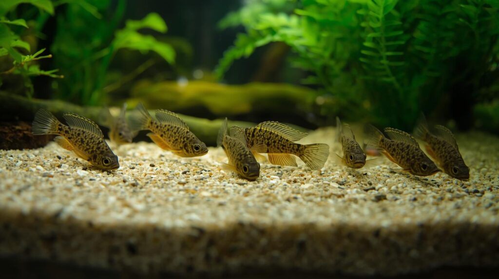 pești exotici Corydoras pe fundul unui acvariu plantat