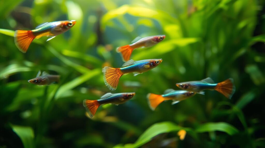 Pești exotici Guppy colorați într-un acvariu luminos