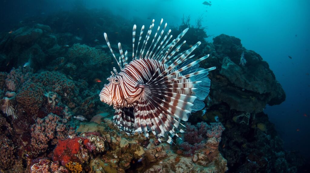 Pești exotic Lionfish cu înotătoare lungi