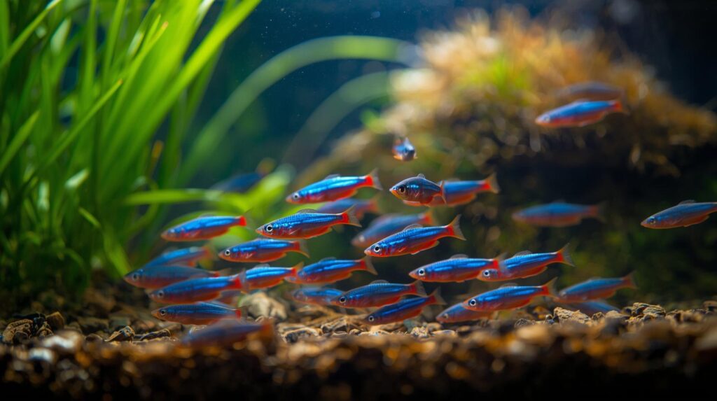 Pești exotici Neon Tetra strălucind într-un acvariu plantat