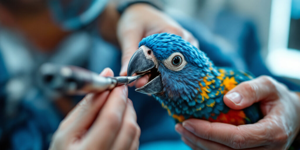 Consult veterinar al unui papagal de culoare albastră