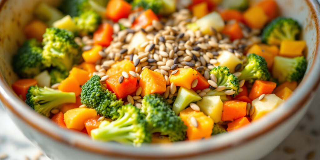 Dieta echilibrată papagal: amestec de semințe cu legume proaspete