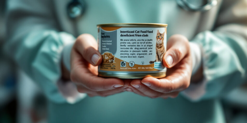 Medic veterinar analizând ingredientele de pe o conservă de hrana umeda pisici junior.