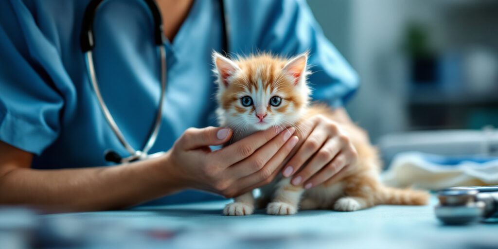 Medic veterinar oferind sfaturi despre mâncare pisici junior în timpul unui control de rutină.