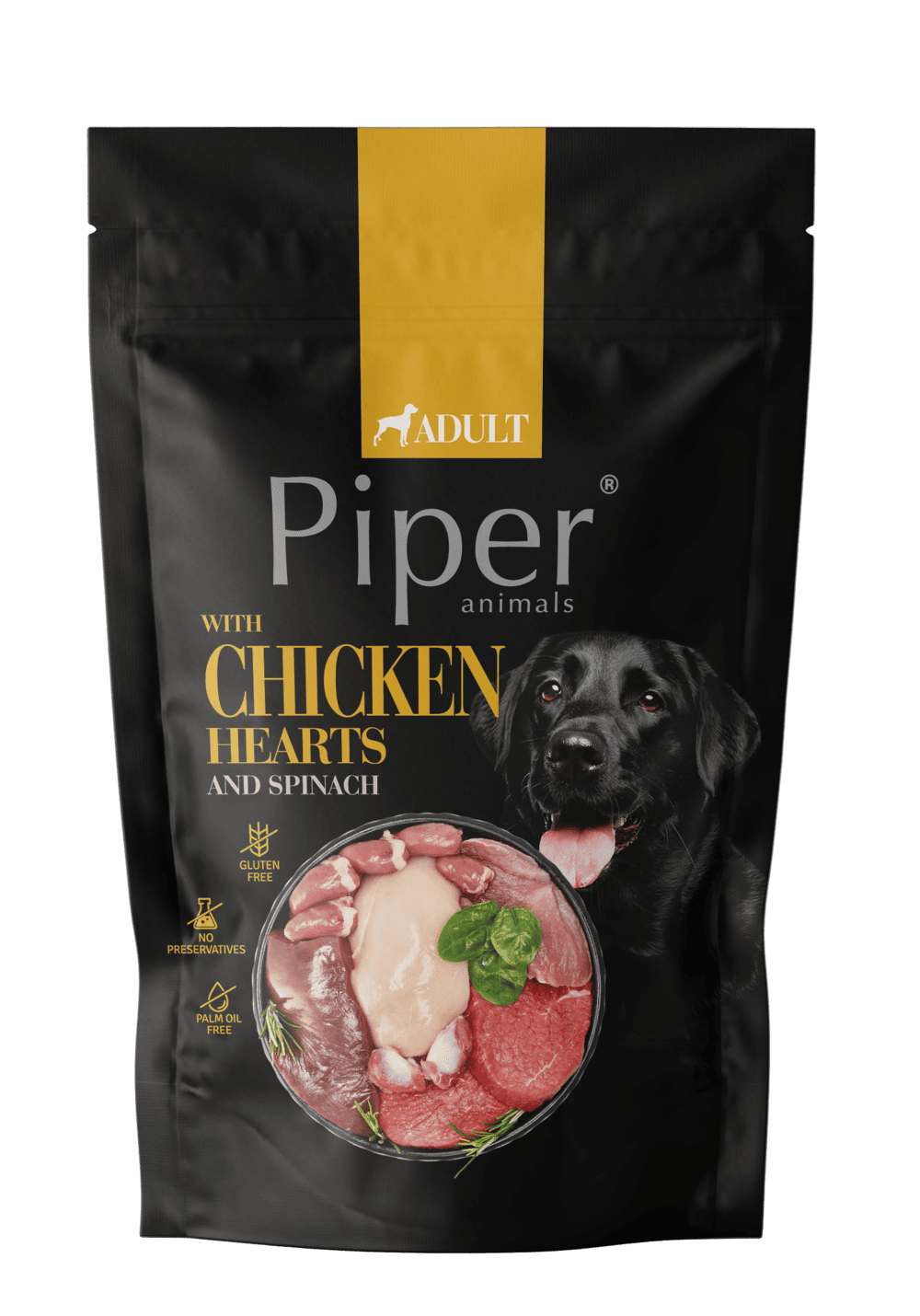 Hrana umeda pentru caini PIPER DOG, inimi de pui si spanac. 500g