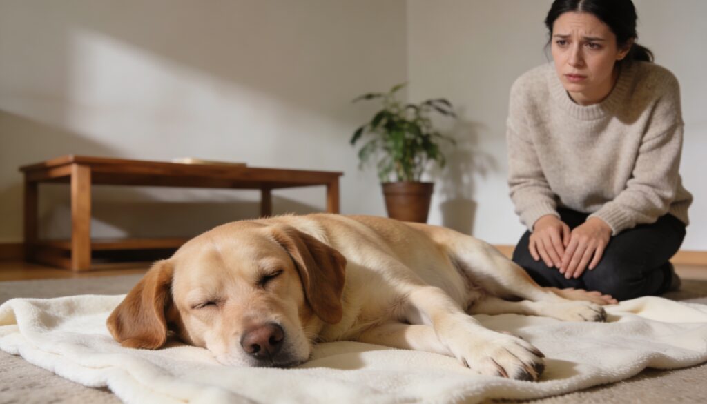Câine apatic întins pe pătură, un semn care poate indica nevoie de consult veterinar.