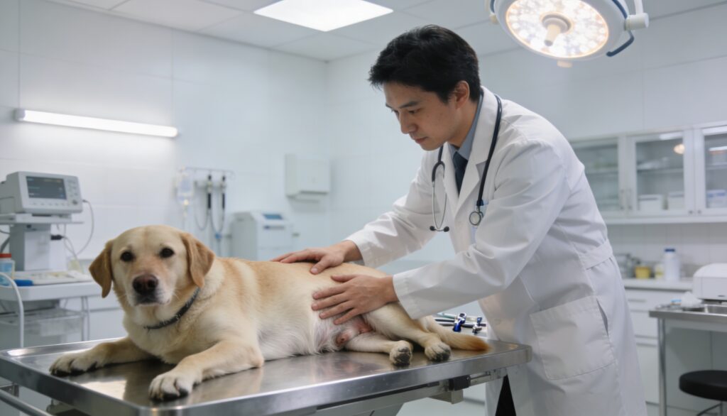 Medic veterinar care examinează abdomenul unui câine după episoade de vomă galbenă.