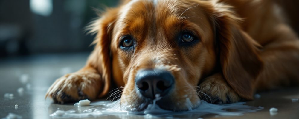 Câine bolnav care vomită spumă albă și stă întins pe podea