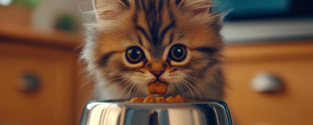 Hrană umedă pisici junior mâncată de un pui de pisică europeană.