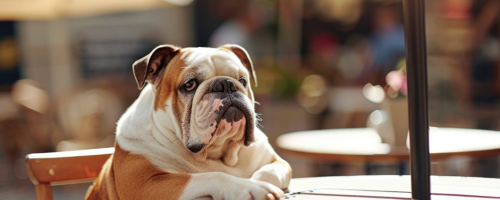 mancare bulldog francez – bulldog francez stând la o masă, așteptând mâncarea