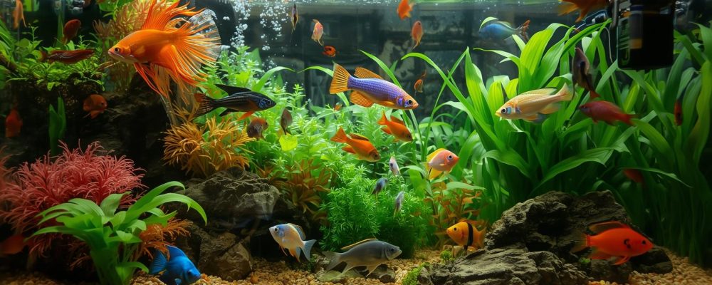 Pești exotici colorați în acvariu de apartament