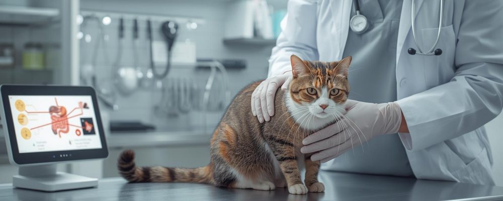 Pisică examinată de veterinar pentru scaun cu sânge